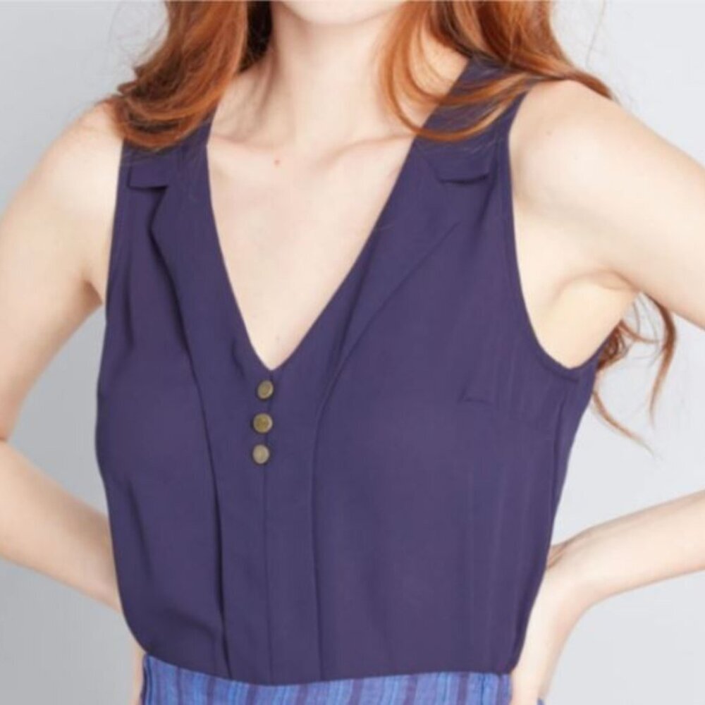 ModCloth Navy Blue Sleeveless Retro Blouse NWT Small 2/4 Vintage Inspired